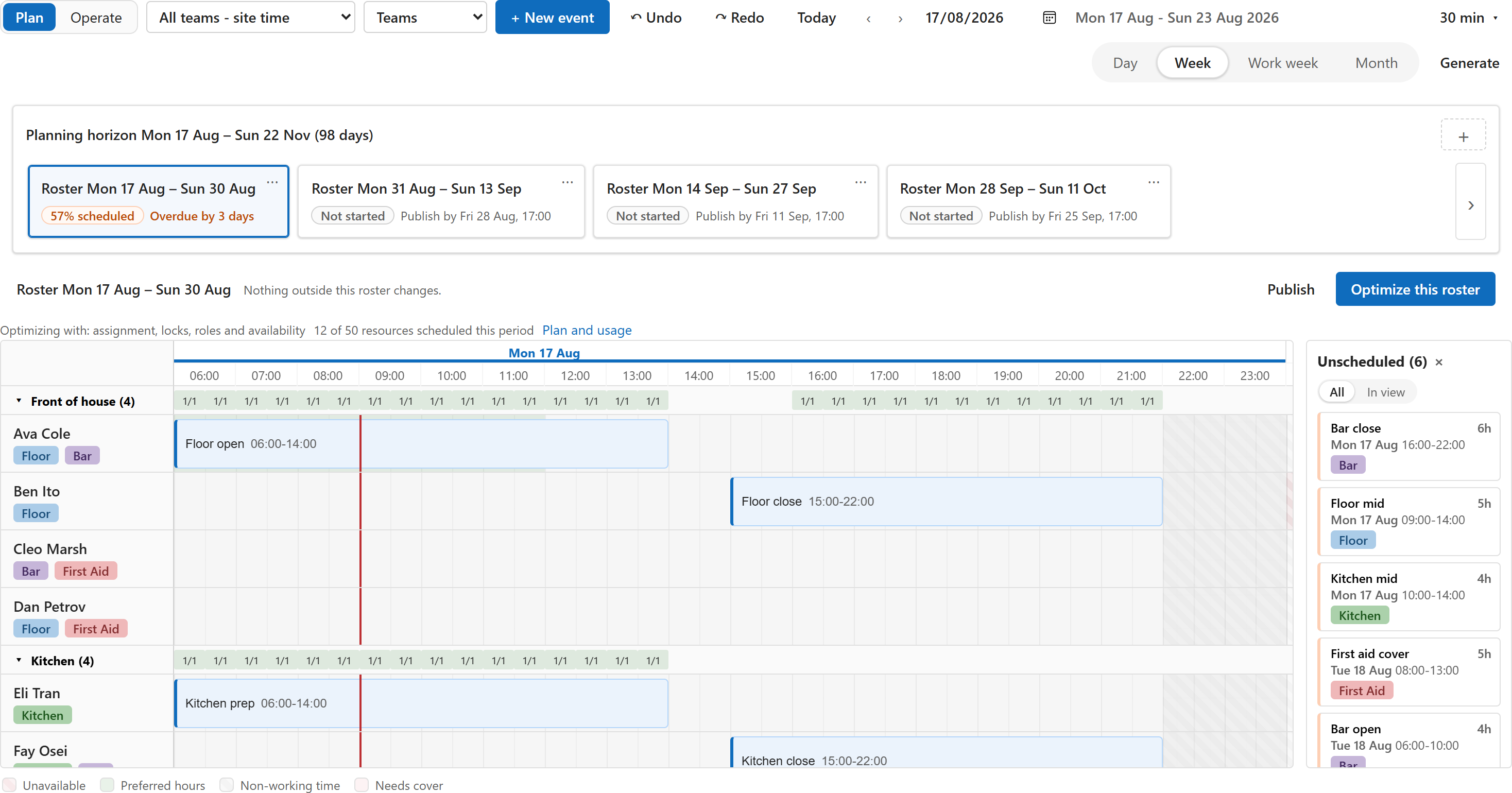 Planning a roster: the horizon of roster periods, coverage per hour, people with skills and hours, the unscheduled panel